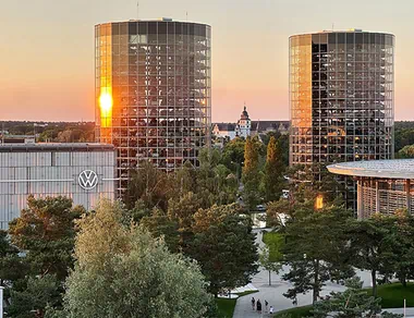 The Autostadt with the two car towers at sunset