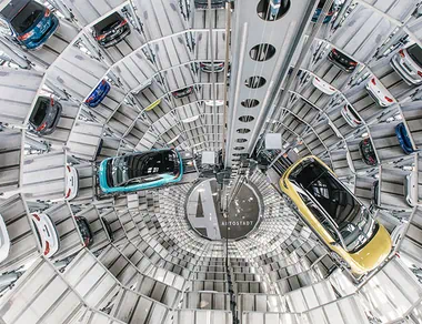 Interior view of one of the car towers in the Autostadt