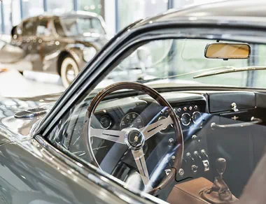 View of the cockpit and steering wheel of the Lamborghini 350 GT