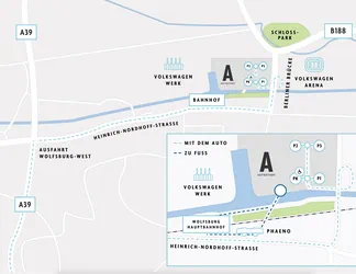 Eine Karte die die An- und Abreisemöglichkeiten der Autostadt beschreibt